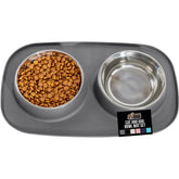 Gorilla Grip feeding mat with 3 cup bowls in gray front view for spill containment