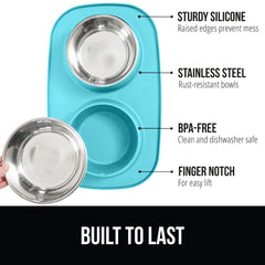 GORILLA GRIP stainless steel bowls on silicone mat prevent spills during meals.