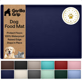 Gorilla Grip waterproof feeding mat in navy flatlay; protects floors during meals.