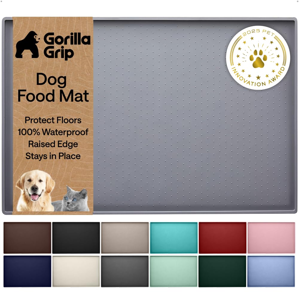 GORILLA GRIP waterproof pet feeding mat with raised edge protects floors during meals.