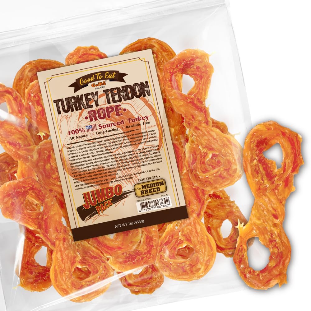 Gootoe turkey tendon dog treats in package highlight USA-sourced protein
