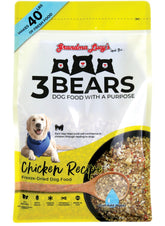 Grandma Lucy's 3 Bears Chicken Dog Food bag, shelf-stable and easy to store.