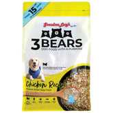 Grandma Lucy's 3 Bears Chicken dog food bag showing convenient shelf-stable packaging.