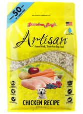 Grandma Lucy's Artisan Chicken dog food bag highlighting premium protein for all life stages