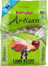 Grandma Lucy's Artisan Lamb freeze-dried dog food bag showing premium ingredients
