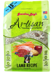 Grandma Lucy's Artisan Lamb Dog Food packaging showing grain-free formula for digestion