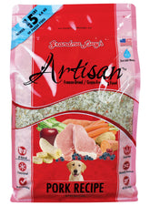 Grandma Lucy's Artisan Pork dog food bag front showing grain-free formula for dogs with dietary sensitivities.