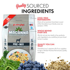 Kale, blueberries, and turmeric in Macanna blend for health benefits.
