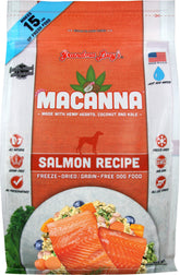Grandma Lucy's Macanna Salmon Dog Food bag front showing grain-free all-life-stages formula for dogs.