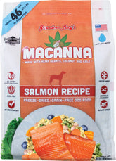 Grandma Lucy’s Macanna Salmon freeze-dried dog food bag open, highlighting quality ingredients for dogs