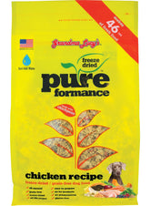 Grandma Lucy's Pureformance chicken freeze-dried dog food in a bowl, tasty and nourishing