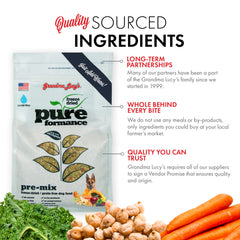 Grandma Lucy's PUREformance chickpeas and veggies shown as natural ingredient mix for healthy digestion.