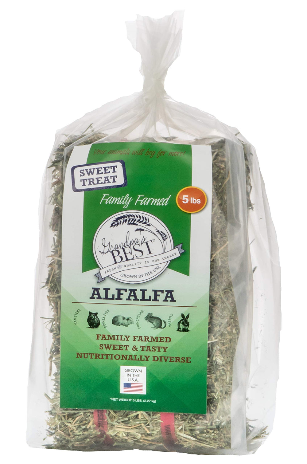 Grandpa's Best Alfalfa Hay 5lbs packaging; compact storage for busy households.