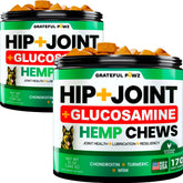 Grateful Pawz hemp hip and joint chews bottle supports daily mobility.