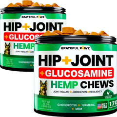 Grateful Pawz hemp hip and joint chews bottle supports daily mobility.