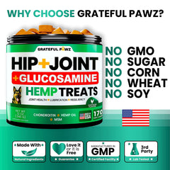 Grateful Pawz hemp oil dog chews packaging signals USA-made quality