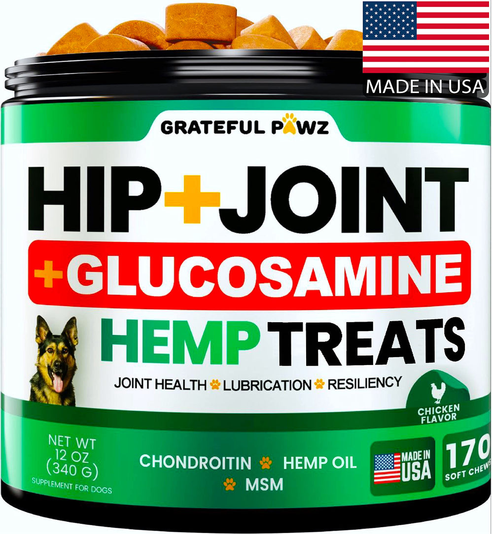 Grateful Pawz hip joint chews bottle promotes daily mobility support for dogs