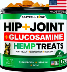 Grateful Pawz hip joint chews bottle promotes daily mobility support for dogs