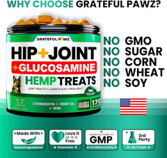 Grateful Pawz label highlights glucosamine, chondroitin, and MSM on the bottle
