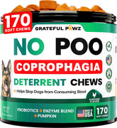 Grateful Pawz No Poo chews bottle on shelf, supports digestive comfort and deterrent use.