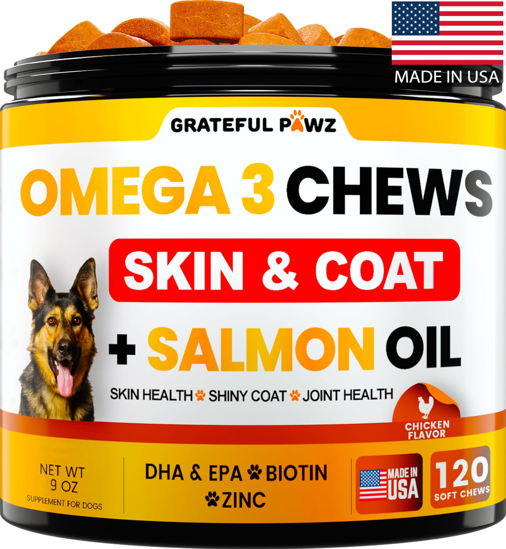 Grateful Pawz Omega 3 dog chews come in a pack for skin and coat support.