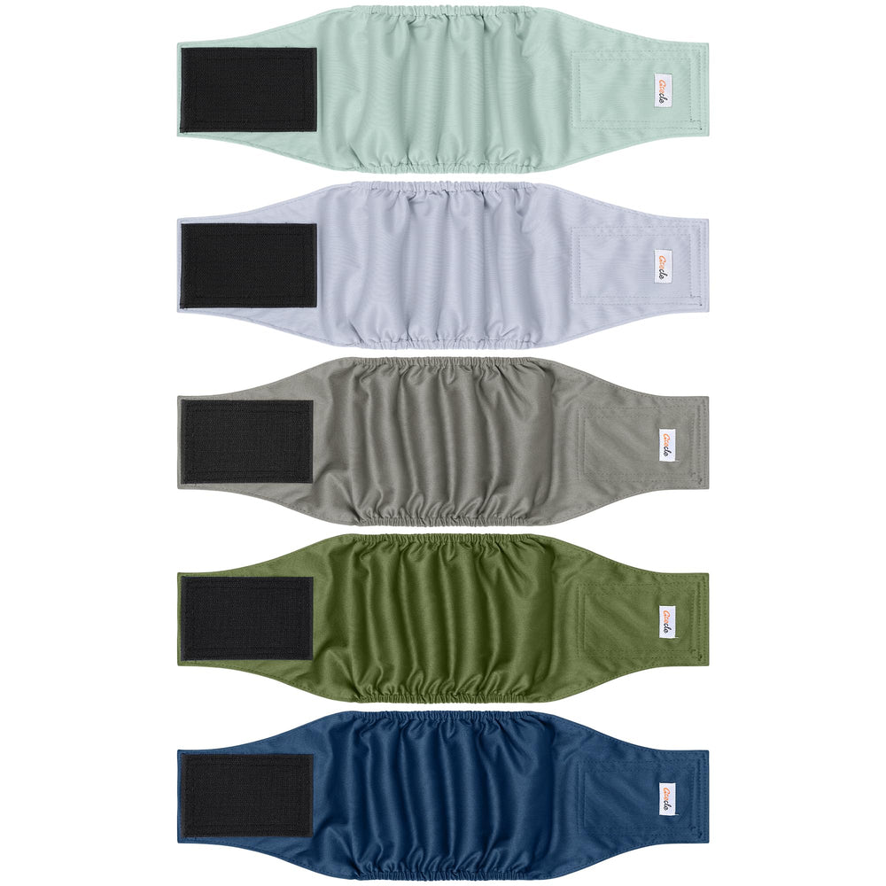 Grecle 5-pack male dog diapers with varied patterns for comfortable wear.