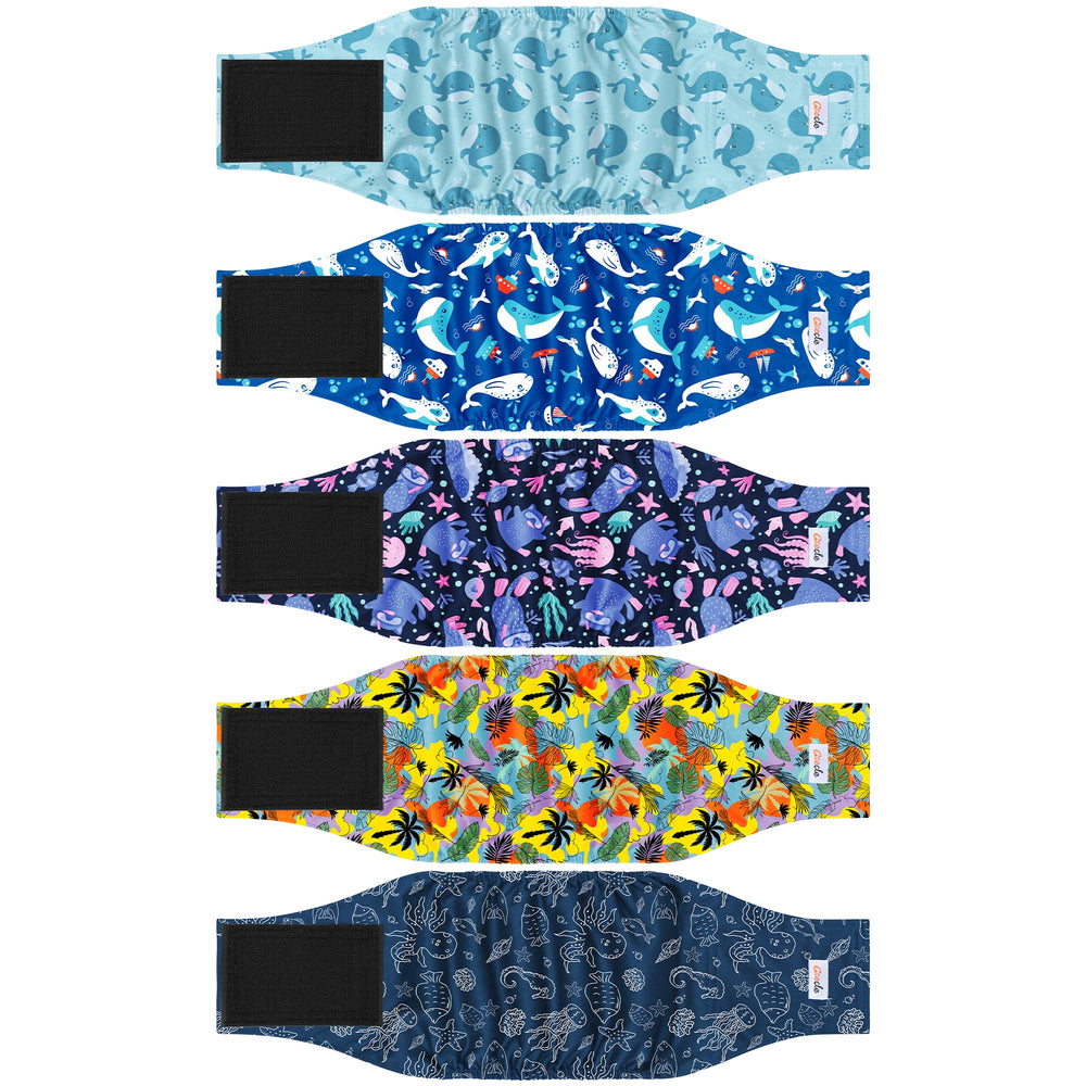 Grecle 5-pack male dog diapers with varied patterns for versatile training and comfort.