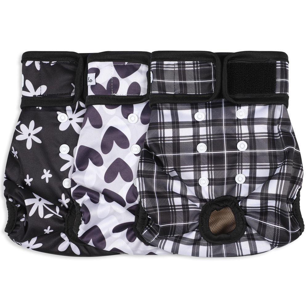 Grecle female dog diapers show five sizes for a customizable fit.