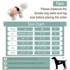 Grecle five-sizes chart for dog diapers - easy sizing guide for best fit.