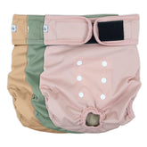 Grecle washable dog diapers with an absorbent pad for reliable overnight protection.