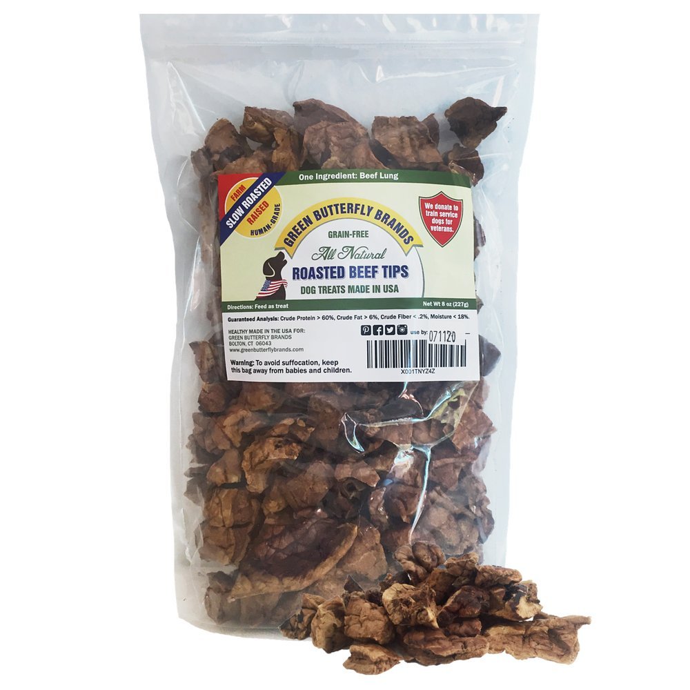 Green Butterfly Brands beef dog treats, crunchy oven-roasted pieces, great for training.