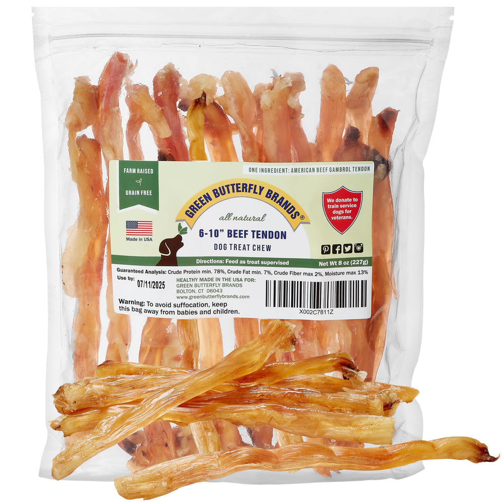 Green Butterfly Brands beef tendon dog treat in 8 oz package, tasty and protein-rich