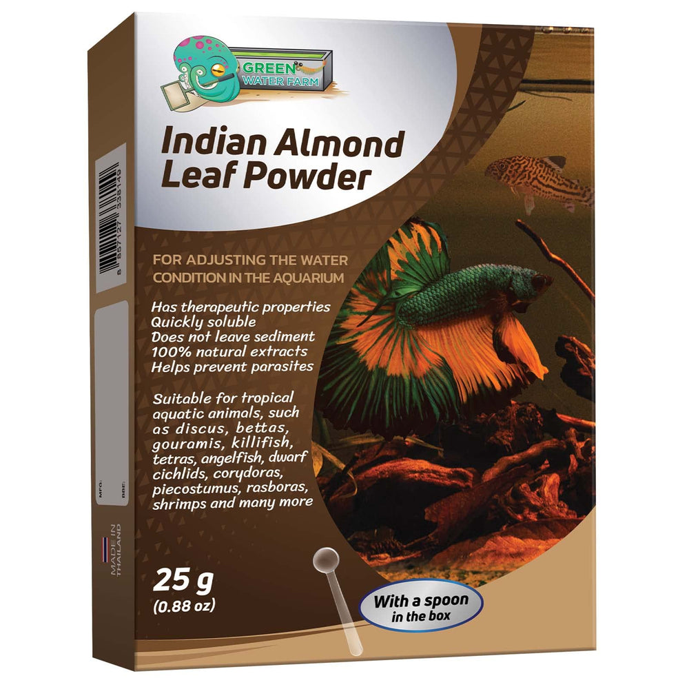 Green Water Farm Indian Almond Leaf Powder bottle showing concentrated immune-support for freshwater fish.