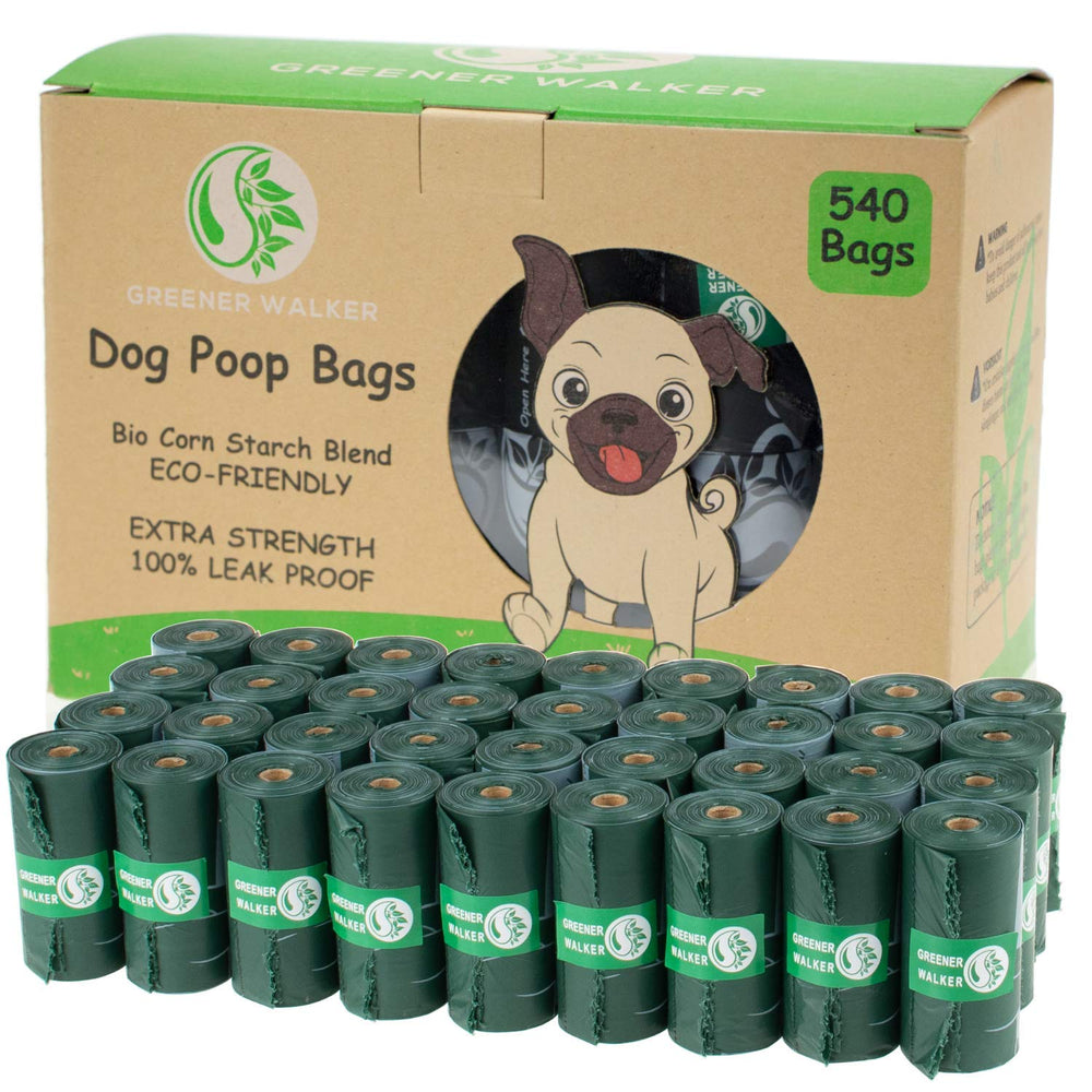 GREENER WALKER poop bags packaging shows 540 bags for extended outdoor cleanup.