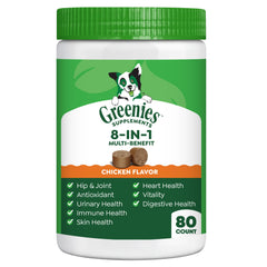 Greenies 8-in-1 dog supplement bottle shows trusted daily nutrition for dogs.