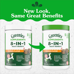 Greenies packaging highlights eight benefits for joints, digestion, and skin health.