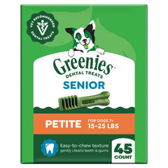 Greenies Aging Care dental treats in petite pack promote fresher breath for seniors.