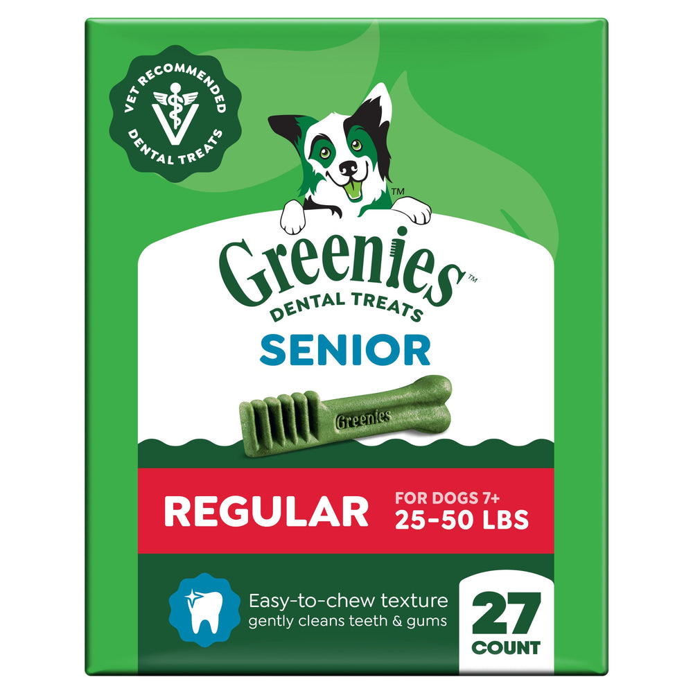 Greenies Aging Care dog treats in a 27 oz pack for daily dental care