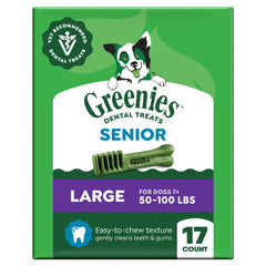 Greenies Aging Care large dog packaging shows 27 oz, 17-count pack for senior dogs