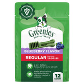 Greenies blueberry-flavor dog dental chews in a 12-count pack promote fresh breath.