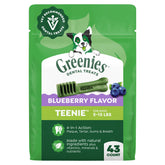 Greenies Teenie blueberry dental treats in a 12oz pack for small dogs, supporting daily dental care.