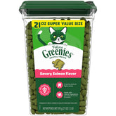 Greenies cat treats salmon tub close-up highlighting savory flavor appealing to finicky cats.
