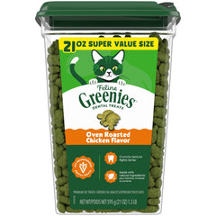 Greenies cat treats tub front promoting daily dental care.