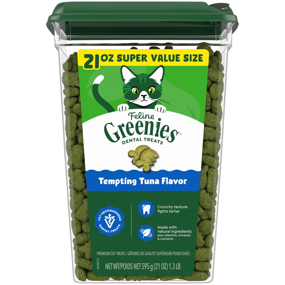 Greenies tuna-flavor cat treats in a 21 oz tub support daily dental care.