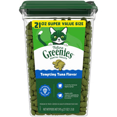 Greenies tuna-flavor cat treats in a 21 oz tub support daily dental care.