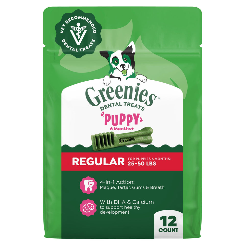 Greenies dental puppy treat design showcasing a unique cleaning shape for healthier gums.