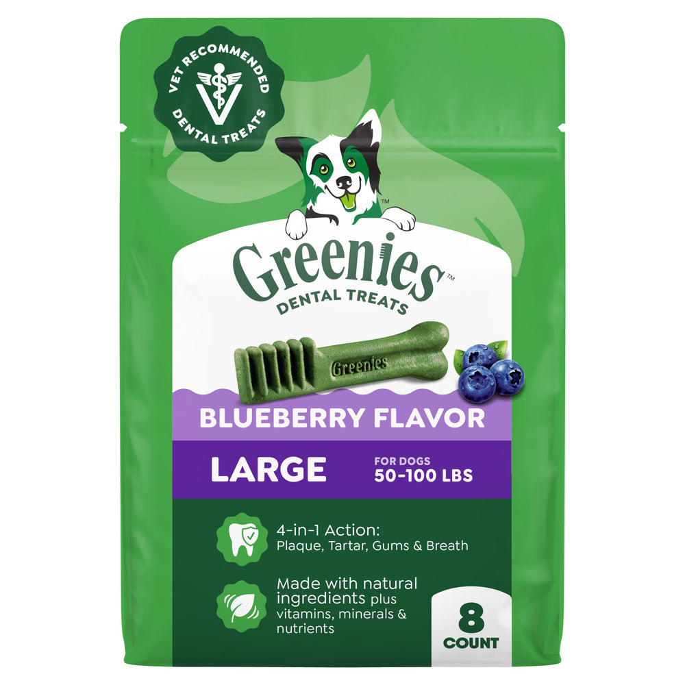 Greenies large blueberry dog treats pack shown for daily dental care