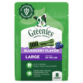 Greenies large blueberry dog treats pack shown for daily dental care