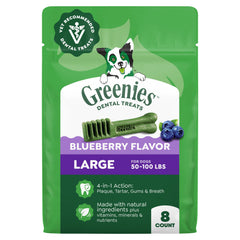 Greenies large blueberry dog treats pack shown for daily dental care