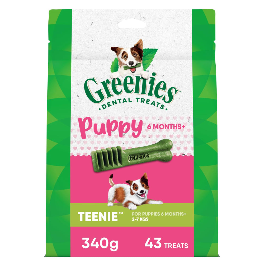Greenies Teenie Puppy Dental Chews pack front shows vet-recommended oral care for puppies